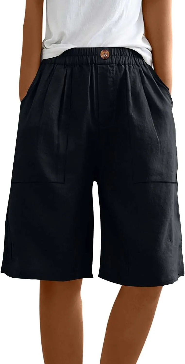 Womens Linen Bermuda Shorts Knee Length High Waisted Capris with Pockets Loose Fit Wide Leg Shorts for Summer
