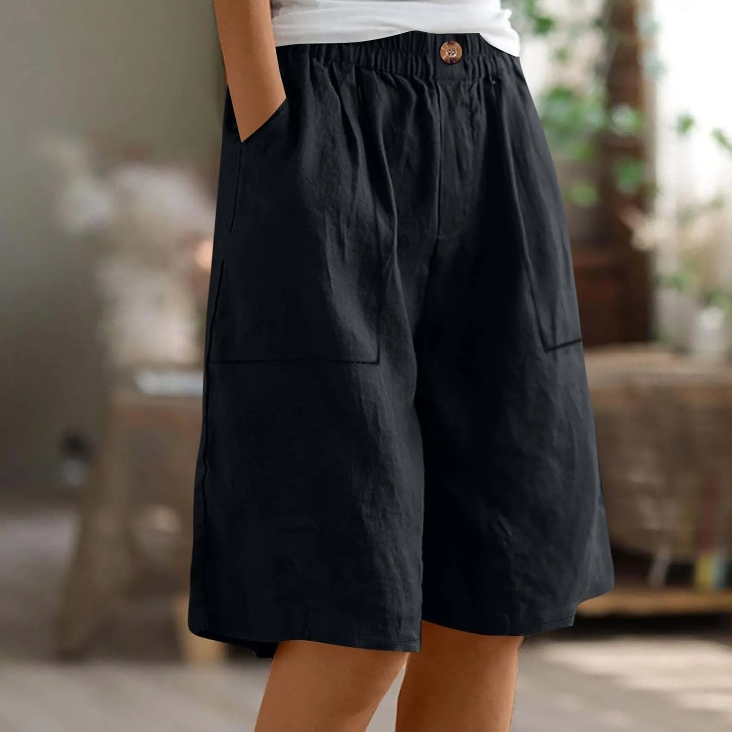 Womens Linen Bermuda Shorts Knee Length High Waisted Capris with Pockets Loose Fit Wide Leg Shorts for Summer