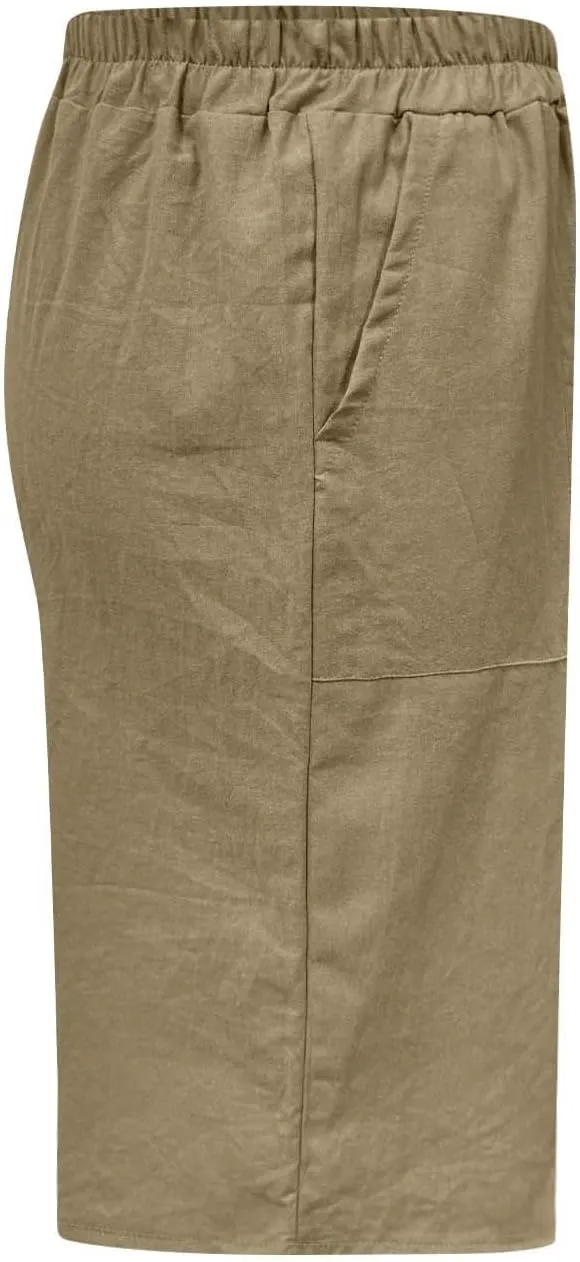 Womens Linen Bermuda Shorts Knee Length High Waisted Capris with Pockets Loose Fit Wide Leg Shorts for Summer