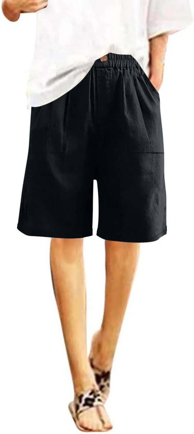 Womens Linen Bermuda Shorts Knee Length High Waisted Capris with Pockets Loose Fit Wide Leg Shorts for Summer