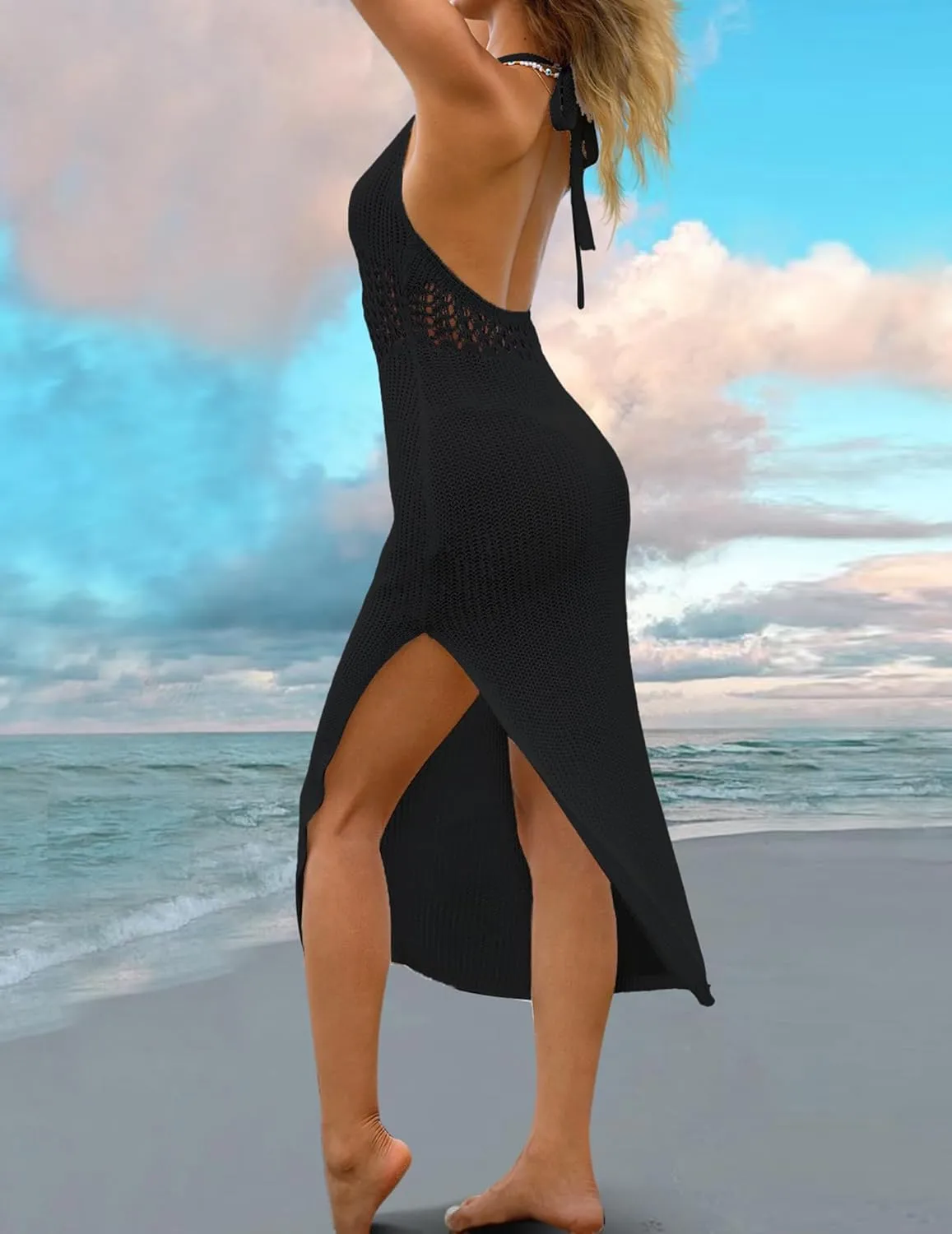Womens Sexy Crochet Sheer Midi Dress Boho Casual Flowy Halter Tie Front Backless Slit Beach Swimsuit Coverup 2024