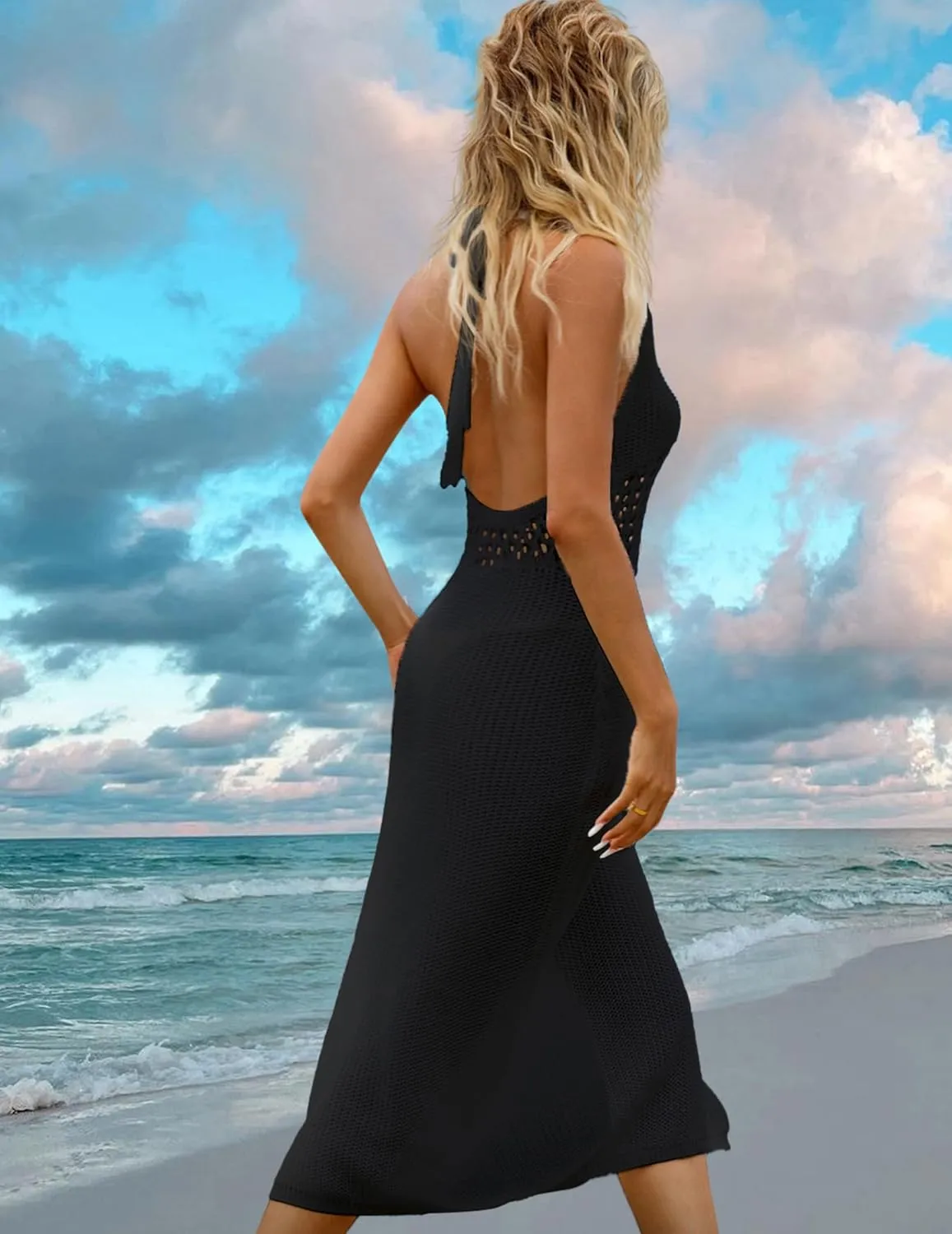 Womens Sexy Crochet Sheer Midi Dress Boho Casual Flowy Halter Tie Front Backless Slit Beach Swimsuit Coverup 2024