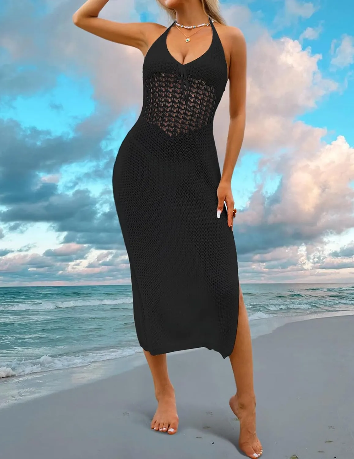 Womens Sexy Crochet Sheer Midi Dress Boho Casual Flowy Halter Tie Front Backless Slit Beach Swimsuit Coverup 2024