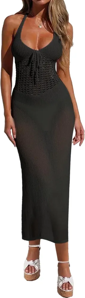 Womens Sexy Crochet Sheer Midi Dress Boho Casual Flowy Halter Tie Front Backless Slit Beach Swimsuit Coverup 2024